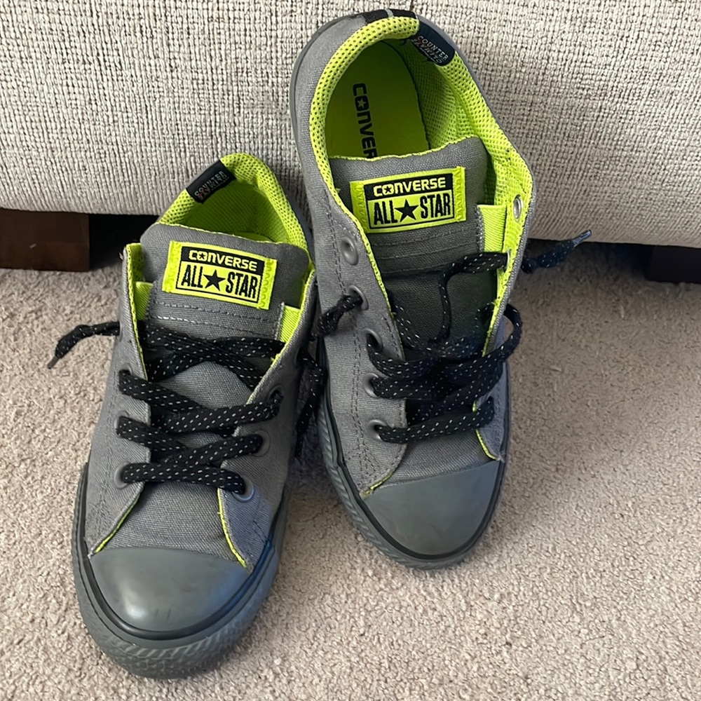 Gray and electric green low top Converse